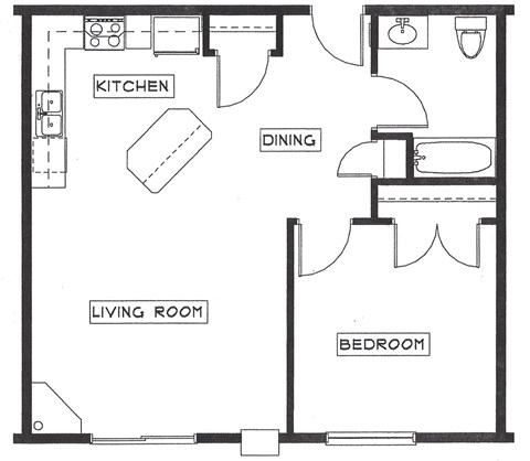 Floor plan for 1 bed, 1 bath, 927 sqft